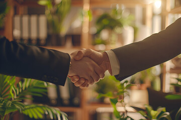 Close-up of two business professionals shaking hands, symbolizing agreement and partnership, in a contemporary office with green plants. Represents teamwork and professional collaboration.

