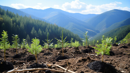 Close-up of coniferous tree seedlings against the background of green mountain ranges, afforestation, ecology, helping nature, forest district, nature protection, ecological activities.