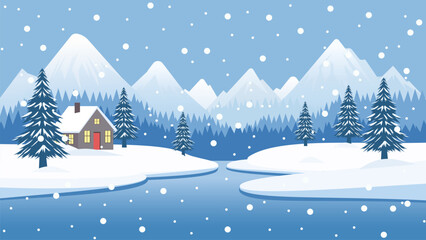 Wall Mural - House and winter lake in the forest. Winter landscape of forests, mountains and houses in snowy Christmas weather. Beautiful snowy day, snowdrifts, mountains, snow-covered trees, amazing clouds. 