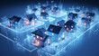 © Monika - Modern housing estate of single-family houses with a holographic network of connections, smart homes, sustainable development, energy sharing, using 5G to optimize energy consumption and cloud-based v