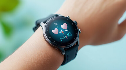 a smartwatch displays a vibrant, colorful watch face with two heart icons and the text 