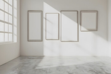 Empty wooden frames on white wall, art gallery. Mock up for inserting artworks, photos and drawings for sale and presentation with space for text.