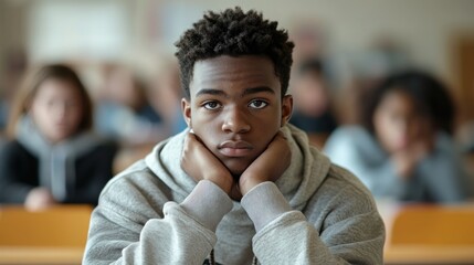 Teenage Black male student face hidden, classroom, blurred peers, social anxiety.