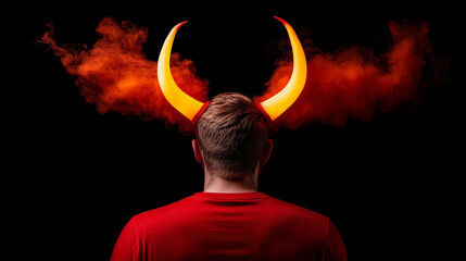 Devilish Aura: A man with glowing horns and a red shirt stands against a black background, surrounded by a fiery red smoke, creating a dramatic and mysterious silhouette.  