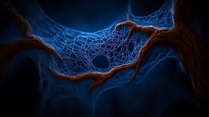 Nightfall's Embrace: Intricate Spiderweb Glowing Blue Between Dark Branches 
