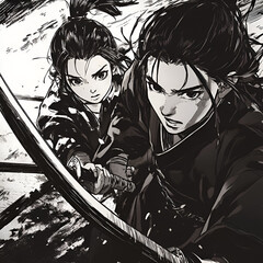 Illustrated scene of two samurai engaged in a dramatic sword fight. The manga artwork captures intense focus, movement, traditional Japanese style, and action-packed dynamics