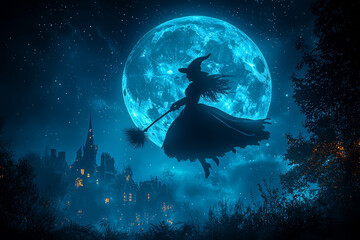 a witch flying across the night sky on a broomstick, silhouetted against the full moon. concept of f