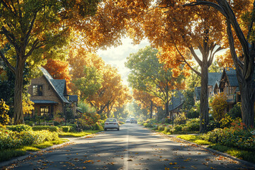 Wall Mural - a quiet rural street, where only a few cars pass and life feels unhurried. concept of slow living.