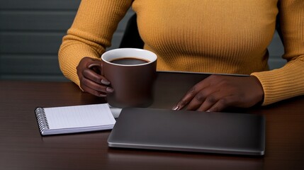 Morning Routine: A woman in a cozy yellow sweater enjoys a warm beverage while working on her laptop, a perfect visual for the start of a productive day. 