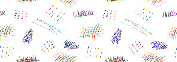 Wall Mural - seamless pattern of colorful naive playful shapes drawing by wax crayon pencil. chalk scribbles in p