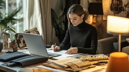 Wall Mural - A woman sketches designs at her desk in a cozy studio filled with materials and warm lighting during the late afternoon