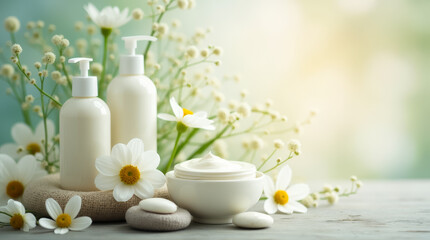 Wall Mural - Luxurious skincare products elegantly displayed among fresh white flowers and pebbles, creating a serene and calming atmosphere perfect for self-care