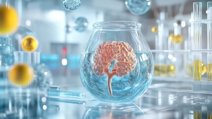 A conceptual image of a brain within a solution, representing neuroscience and biochemistry in a laboratory setting.