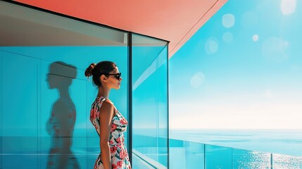   A woman stands before a glass wall mirroring the water behind her, with a silhouette of a man visible through the reflection