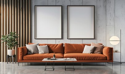 Modern living room interior with orange sofa, two blank frames, and a side table, perfect for showcasing your artwork or designs