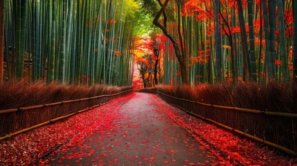 Canvas Print - Path Through a Bamboo Forest with Red Autumn Leaves