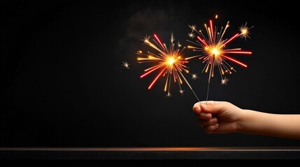 Sparklers' Night Magic: A child's hand delicately holds two glowing sparklers against a dramatic black backdrop, capturing the enchanting essence of a festive celebration.