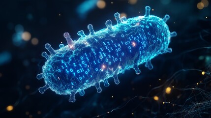 Fototapete - A futuristic digital virus shaped like a glowing bacterium with binary code, representing the risks of malware, cyber threats, and data breaches in a high-tech world, Gnerative Ai