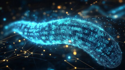 Fototapete - A glowing digital data worm floating through a network, symbolizing the flow of binary code and the potential threats of cyber security breaches in futuristic technology, Gnerative Ai