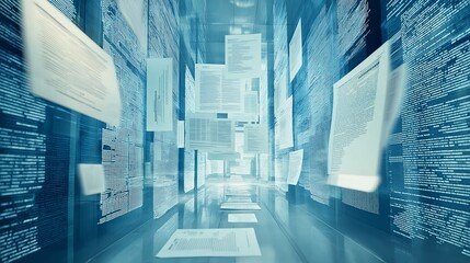 Poster - Abstract futuristic city with blue glowing data streams rushing through the urban landscape, representing the speed of technology and digital innovation in modern cities, Gnerative Ai