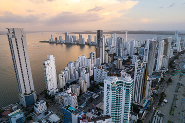 Beautiful aerial view of Bocagrande Hotel area in the upmarket area popular for its long, sandy beaches backed by palm-lined promenades0 Cartagena Colombia