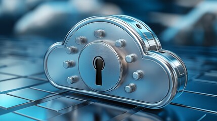 Fototapete - A metallic cloud-shaped lock representing data security and encryption in the digital age, symbolizing protection and privacy in cloud storage technology, Generative Ai