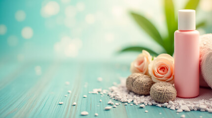 Poster - A gentle arrangement showcases a pink cosmetic bottle surrounded by soft pink roses, jute elements, and decorative stones, creating a peaceful atmosphere