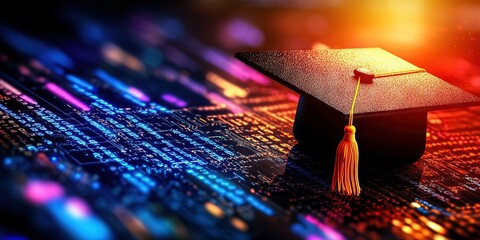 Wall Mural - graduation cap on digital data background