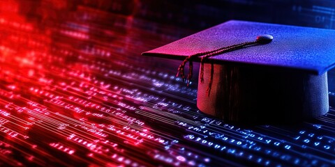 Wall Mural - graduation cap on digital data background