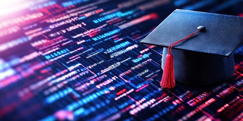 Wall Mural - graduation cap on digital data background
