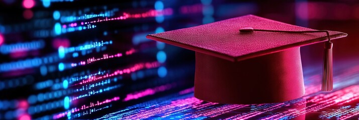 Wall Mural - graduation cap on digital data background