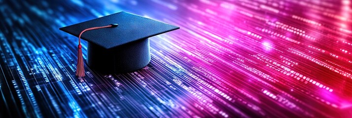 Wall Mural - graduation cap on digital data background