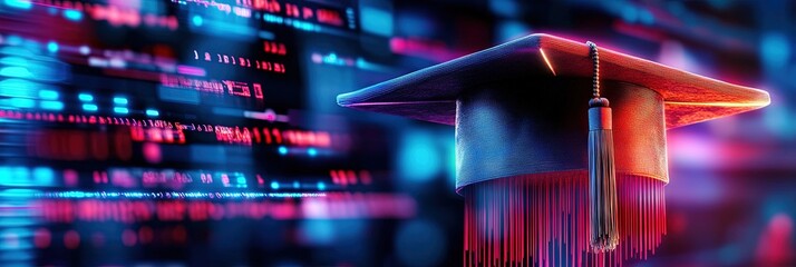 Wall Mural - graduation cap on digital data background