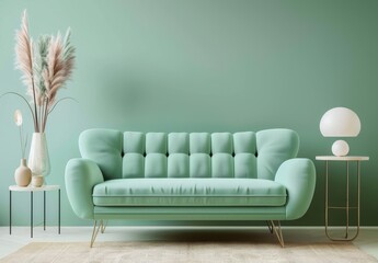 Stylish green living room interior with velvet sofa, minimalist coffee table and elegant accessories. Green wall, stylish furniture. Mint room design