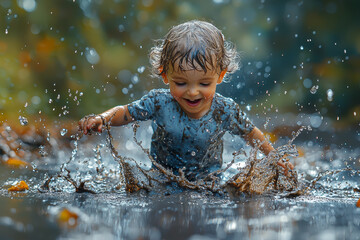 Wall Mural - A child playing in the mud, fully engaged in the joy of the moment. Concept of childhood.