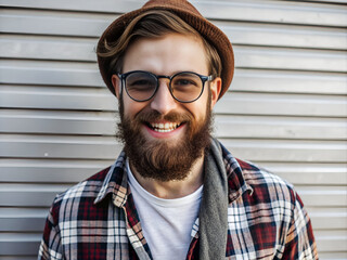 A man with glasses and a brown hat is smiling and wearing a plaid shirt