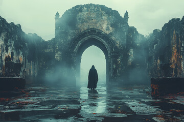 Wall Mural - a traveler stepping through a portal and arriving in a world where everything is the opposite, repre