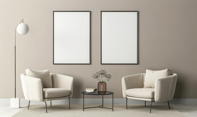 Two white armchairs with black metal frames facing each other, a coffee table with dried flowers in a vase between them, two framed mockups on the wall behind, and a floor lamp to the left