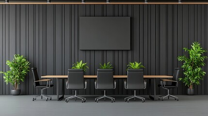 A spacious conference room features dark gray walls, sleek black lighting, and a large wooden table surrounded by chairs. Windows reveal an expansive urban landscape