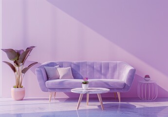 A modern living room interior with a purple sofa, a coffee table, and a plant. The room is decorated with a light pink wall and marble floor