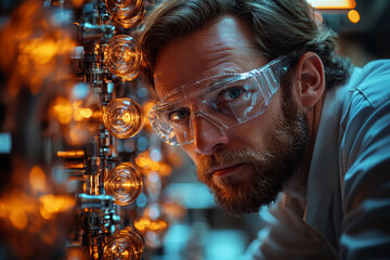 Wall Mural - a scientist looking at a machine that allows them to glimpse into alternate dimensions, symbolizing 