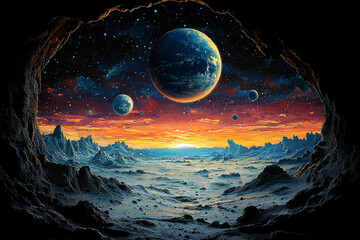 Wall Mural - a planet with multiple moons and alien civilizations living on each, representing interplanetary int