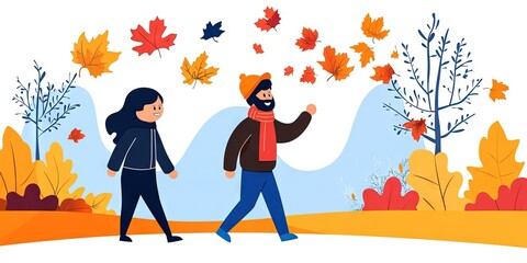 Wall Mural - couple throwing autumn leaves, walking in a park, and having fun 