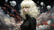 © tynza - A pensive woman with platinum blonde hair stands in a surreal dreamscape of floating orbs, clouds, and abstract red splashes, evoking a sense of mystery and contemplation.