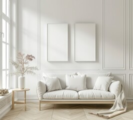 Modern, minimalist living room interior with a white sofa, two blank frames for your art or posters on a white wall and sunlight from the window.