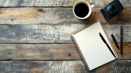 A cup of coffee, a notebook, two pens, and a camera on a rustic wooden table.