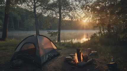 Wall Mural - Camping by the Lake at Sunrise