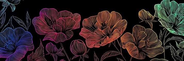 Background with rainbow flowers in a line style. Dark botanical banner for wallpaper, 