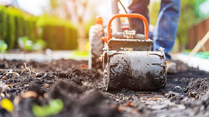 Landscaper Compacting Soil with Machine for New Pathway Construction. Concept of Outdoor Work, Garden Design, and Hardscaping Techniques