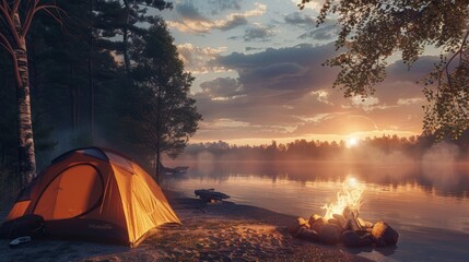 Sticker - Camping by the Lake at Sunset